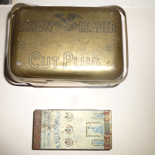Union Leader Cut Plug tin and Melachrino Egyptian cigarette tin - antique lithograph style tins in good condition