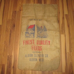 Albion Elevator Company Burlap Feed Sack (Chicago) - 100 Lb  Feed Sack - Rare and Unusual Form - Great Decor or upcycle into tote etc.