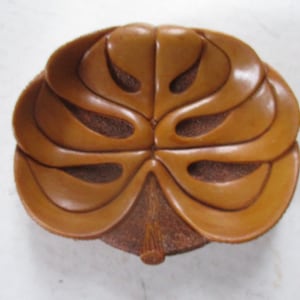 Monstera Leaf Bowl-dish or ashtray- 6&quot; x 5&quot; x 1.5&quot; deep carved relief form by CocoJoes of Hawaii- Carved Hapa wood