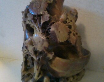 Chinese Soapstone elevated bowls or bud vase - large 3 chamber form soapstone bowl w birds & flowers 7.25" x 6.5" x 4" deep at elevated base