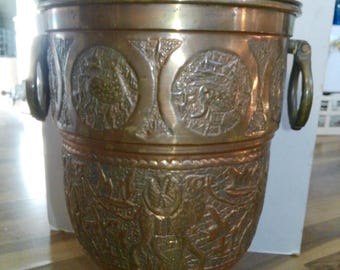 Hollywood Regency MCM Middle Eastern Ice Bucket  - 13.5" x 9" repousse copper w aluminum liner