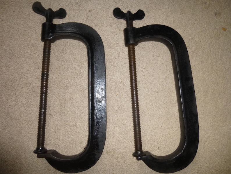 Great Industrial Design Hooks or Coatracks Massive 12 Cast Iron C Clamps Rare Size 10 Lbs Each 20 Overall Length
