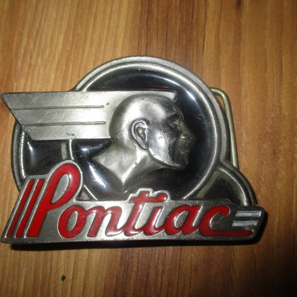 Pontiac Belt Buckle - Chief Pontiac 1950s automotive logo belt buckle - deep relief enamel on brass- 3.5" x 2.5" for 1.75" wide belts.