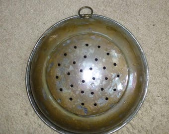 Classic French Colander Strainer - Charming tin lined copper hanging wall form - decor or functional - rare and unusual antique form