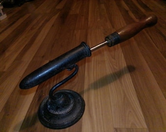 Goffering Iron w Stand - cast iron holder for crimping iron circa 1870s - 14.5" wand w horizontal holder 5.5"high on 4.5" diam base