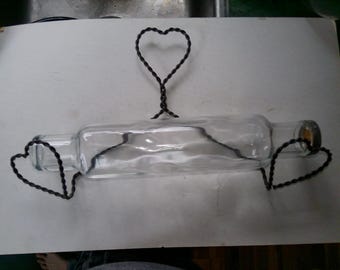 Glass Tube Rolling Pin and wall hanger- antique 14" wide 3" diam. 9" wide working area - fill w ice water for pastry work etc