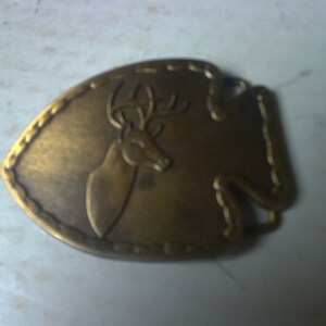 Bow Hunter or Deer/Buck hunting brass finish Belt Buckle - 2.5&quot; x 3.5&quot; arrow shaped form for belts up to 1.75&quot; wide