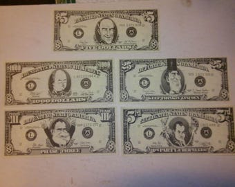 1972 Political Novelty Dollar Bills - set of 5 distinct forms for Nixon, McGovern, Humphrey, Wallace and Muskie - 3.25" x 7.75" double sided