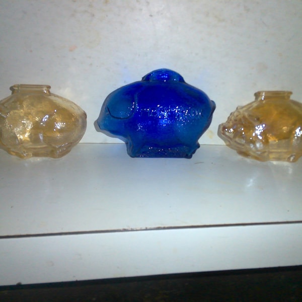 Glass Piggy Bank - Fun trio of vintage small pig shaped glass forms designed to be broken when full - rare survivors - Blue and yellow glass