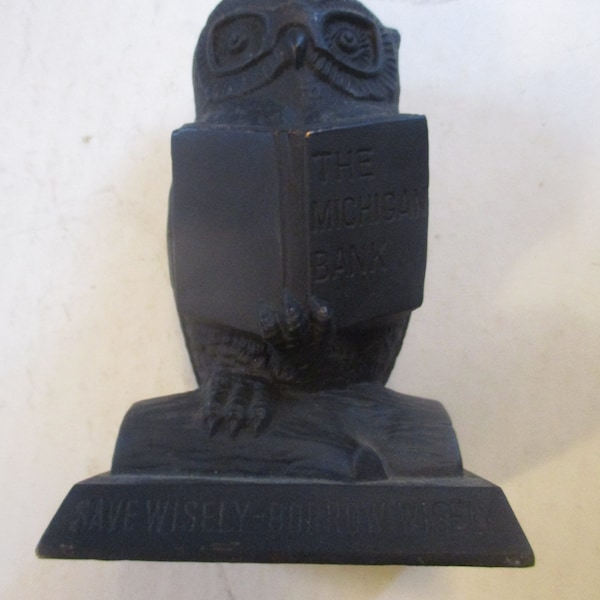 Owl shaped bank - The Michigan Bank Save Wisely-Borrow Wisely- 5.5" high 3" diam body - black finish on copper