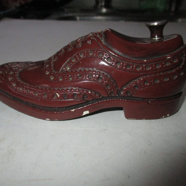 French Shriner Shoe Promo Miniature - unusual and rare form 5.25" long - Burgundy wingtip shoe with last figurine - cast ceramic