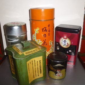 Vintage Japanese tea tin caddies - classic forms with great text and graphics - instant set of tins from 1930s to 1980s