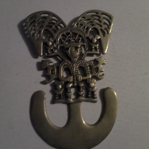 Inca Tumi (Tumis) Figurine - hanging cast brass form 10&quot; high - crown wearing South American/ Pre-Columbian chief/priest w jeweled eyes