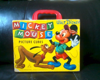 Mickey Mouse Picture Cubes Blocks Set - 1960s painted Hardwood 1.5" cubes -gently used 12 piece set -in orig. box w picture pages