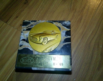Auto Racing Trophy Paperweight - Marble/bronze 1969 1st place from MSCC (Mazda Sports Car Club) - 3" x3" x .75