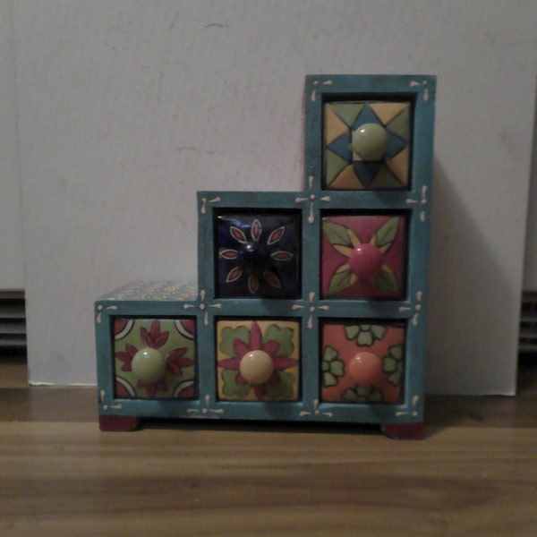 Masala Spice Chest - colorful hand painted 6 drawer ceramic and wood form from India.