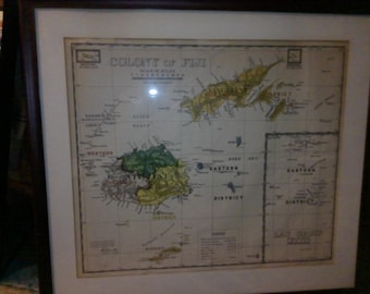 Colony of Fiji - Historic 15" x 17" Map Dec. 1939 in 20" x 22" frame - British Lands and Survey Dept.