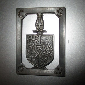 Bronze Paperweight - owl and shield crest C S 1922 - Unusual double-sided classical crest logo- 3.25&quot; x 2.5&quot; x .25 - 1994 across upper edge