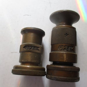 Elkhart Brass Co Fire Hose Nozzles for 2" diam hose ends- Elkhart Foundry marks on 3.5" and 4.75" long nozzles w twist shutoff