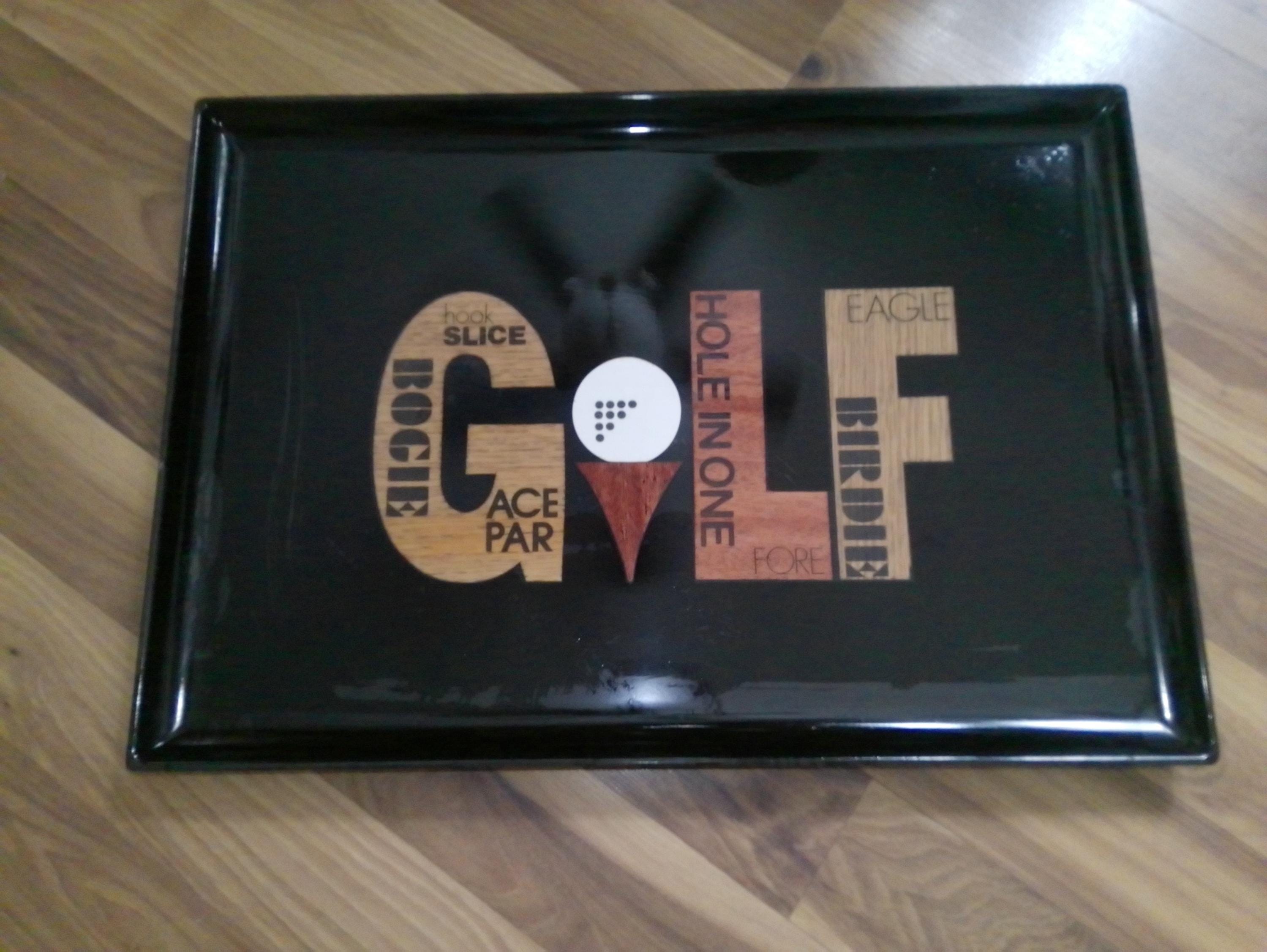 Couroc Tray - large Golf term decorated hippie era 18" x 12.5" wood inlay black Couroc - light wear and age