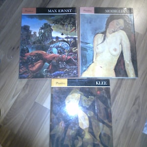 May include: Three hardcover books with colorful covers featuring artwork by Max Ernst, Modigliani, and Klee. The books are part of a series called "Phaidon".