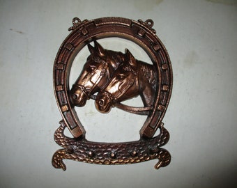 Horse Head Hanging Wall Hook  - Ornate  Brass 8" high x 6" wide  - great decor and storage for keys, jewelry, 5 pegs 1.25" deep