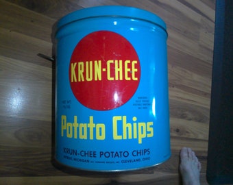 Krun-Chee Potato Chips - 1960s 1.5 Lb Magic-Pak tin with great graphics and colors - 11" h x 10" diam. Tin - NO RUST