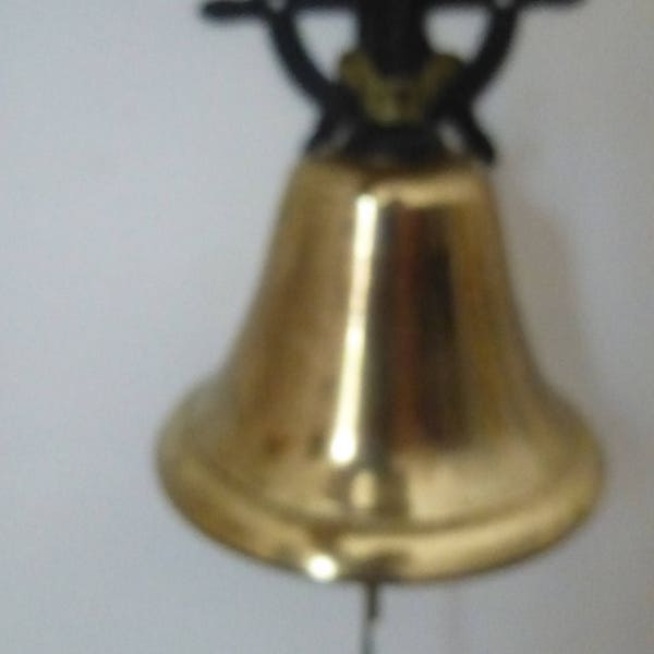 Cast Brass Plated Ships Bell or Dinner/Door bell - Blach Iron Ships Wheel Wall Mount and Striker w/ Anchor decorated Pull Cord