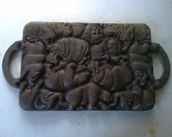 John Wright Animal Puzzle Cornbread or Shortbread Cookie Pan - 1980s cast iron form with lion, hippo, rhino, bear and more