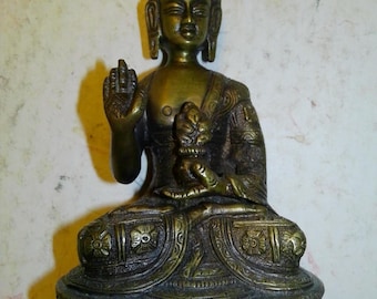 Brass Buddha 6" Statue Sitting Asana -Dharmachakra Mudra - blessing form Holding Herb Bowl/Potted plant