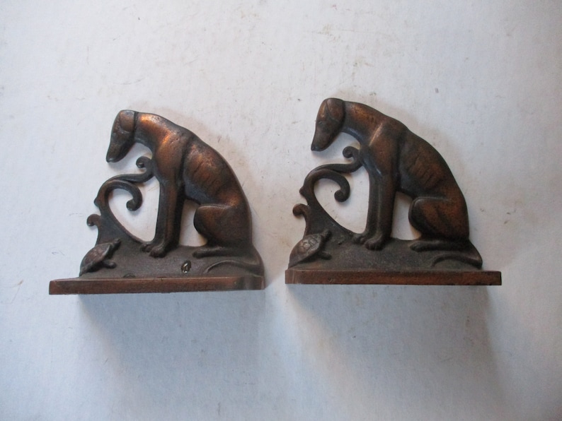 Greyhound and Turtle - Whippet and tortoise(?) - Cast Iron Art Deco bookends- 4.75