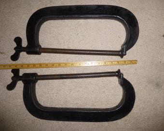 Massive 12" Cast Iron C Clamps - 20" Overall Length - 10 Lbs Each - Great Industrial Design Hooks or Coatracks - Rare Size