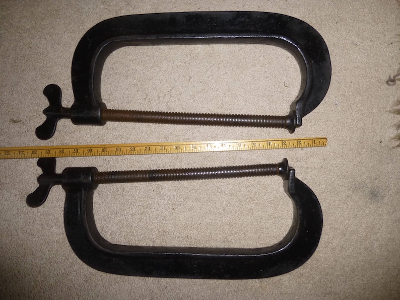 Great Industrial Design Hooks or Coatracks Massive 12 Cast Iron C Clamps Rare Size 10 Lbs Each 20 Overall Length