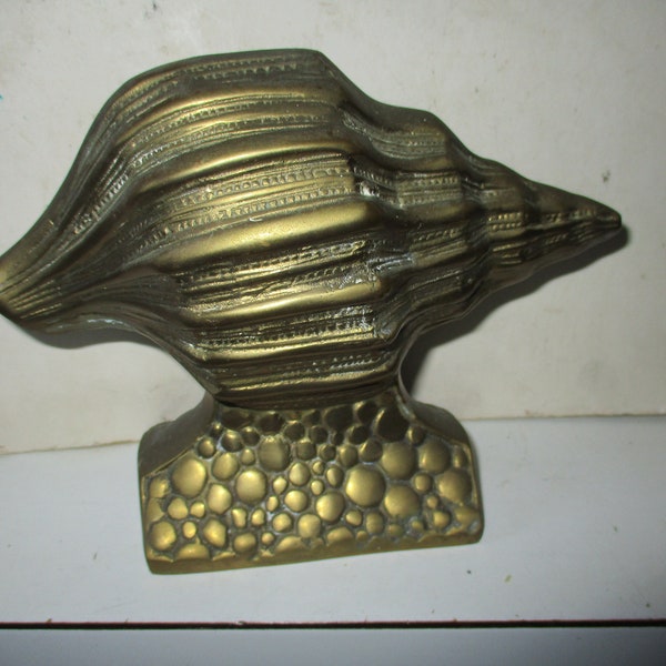 Brass Conch Seashell Statue or Doorstop - unusual large cast brass form of shell on pebbled beach - Unusual 7" shell weighs 2.5 lbs