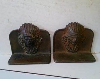 Indian Chief in Feather Warbonnet bookends- cast iron Western decor for home or office - 3.5" high on 4" x 1.75"  base - bookends or statues