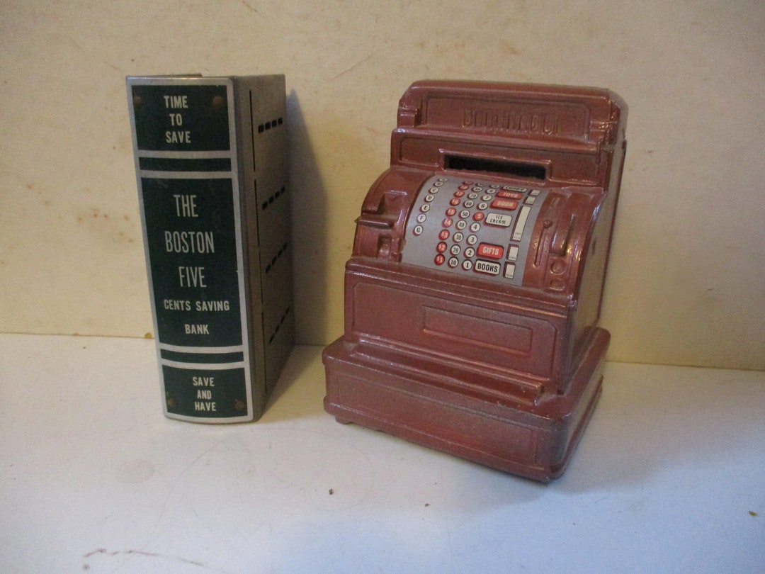 Antique Toy Banks Steel Cash Register and Book Shaped Forms WITHOUT KEYS Fun Collectable Still