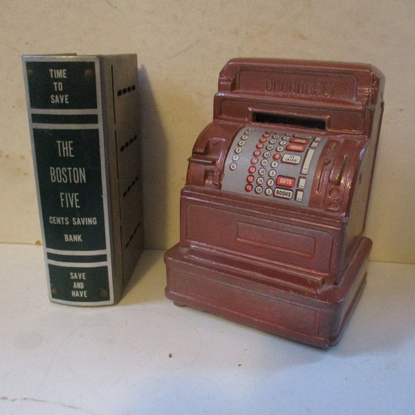Antique Toy Banks - steel cash register and book shaped forms WITHOUT KEYS - fun collectable still banks