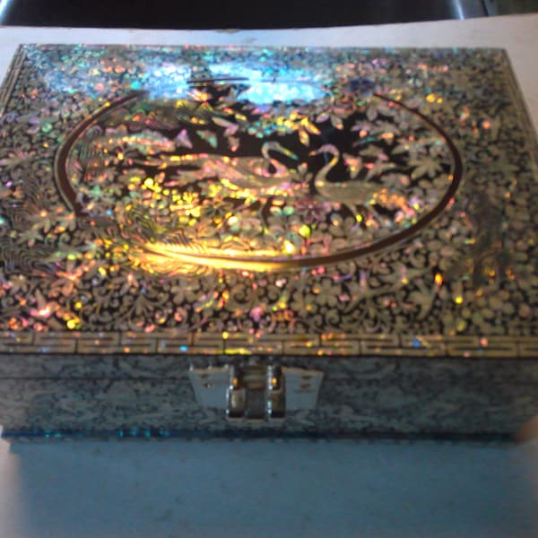 Lacquer Jewelry Box - Korean Mother of Pearl Najeon Chilgi box - rectangular 8.75" x 6" x 4" - new unused condition.