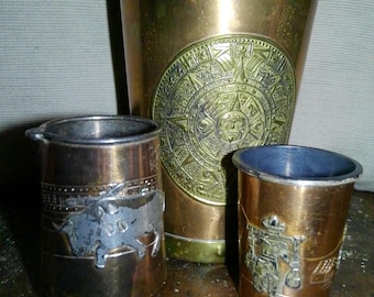 Victoria Taxco tequila pitcher and shot- unusual 2.25" form for decor use w tin lined copper Aztec caledar cup