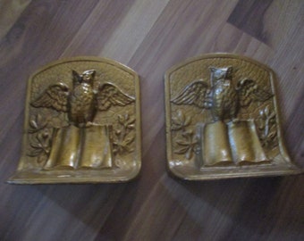 Owl perched on Book -antique gold finish cast iron bookends 5" x 5" x 2.25" rare Wisdom inspired forms with great details