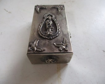 Antique Chinese Silver Pillbox - 2.75" x 1.5" x 1" box with sectioned drawer - Guanyin with birds and frog  - fun functional decor storage