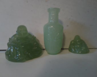 Jade GLASS collection - 2 seated Buddha and 3.5" bud vase - rare set - great sun catchers or windowsill decor