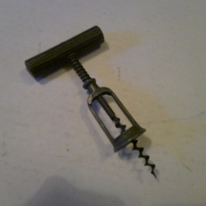 Hercules frame corkscrew -antique German wine cork puller - 7&quot;  high -  3.75&quot;  wide fluted handle