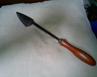 Antique Welding Iron - wood handle w wedge shaped surface on rod - 15" overall w 4" wedge surface