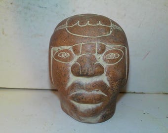 Olmec Head statue - 4.5" terracotta head 3.5" wide x 4" deep hand made hollow ceramic form made in Mexico