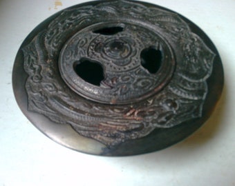 Cast Iron Suiban vase or censer - Rare Nambu Tekki Buddhist Lotus design to hold bamboo stalk/shoot -8" diam. x 2.25" high 2 piece form