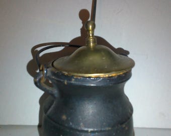 Black Cast Iron 3 legged Smudge Pot - Cauldron - 7&quot; high at lid handle x 6 across handles - 4&quot; across 3 feet - w Cast brass lid and 12&quot; wand