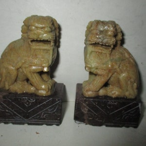 Foo Dogs or Shi Shi lions - fun pair of carved soapstone 4&quot; tall figures on bases - rare well detailed form
