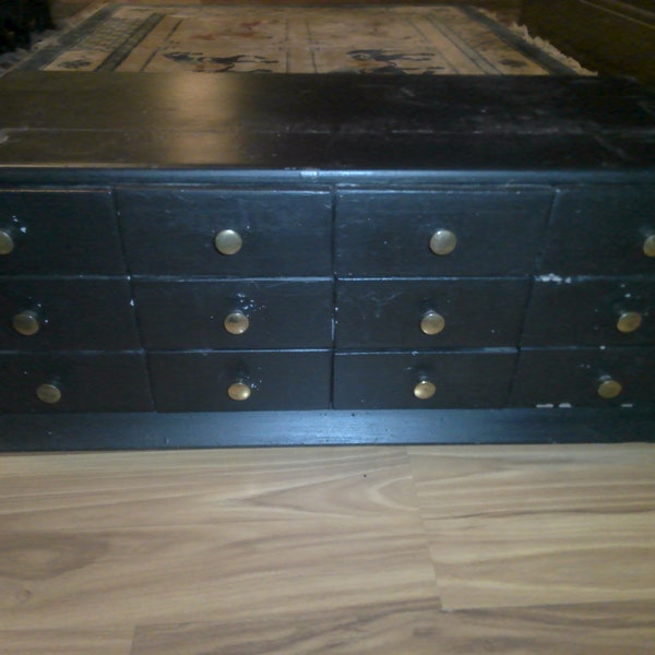 Wood Cabinet and Display Stand - hand made 12 drawer wood form w brass pulls - 22" x 10" x 8" - rugged storage and shelf in one