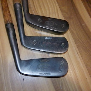 Antique Hickory Shaft Putters - set of 3 Rt Handed putters approx 36" long 4 wide head - Par, Eddie Klin, Meadowlark brands